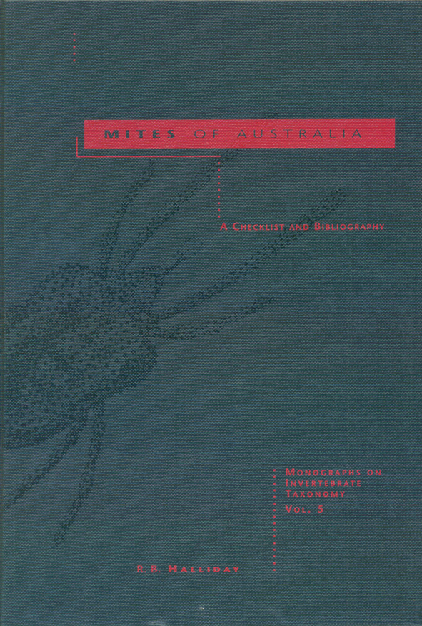 The cover image of Mites of Australia, featuring a plain grey cover, with a darker grey image of an Australian mite, with pink text.