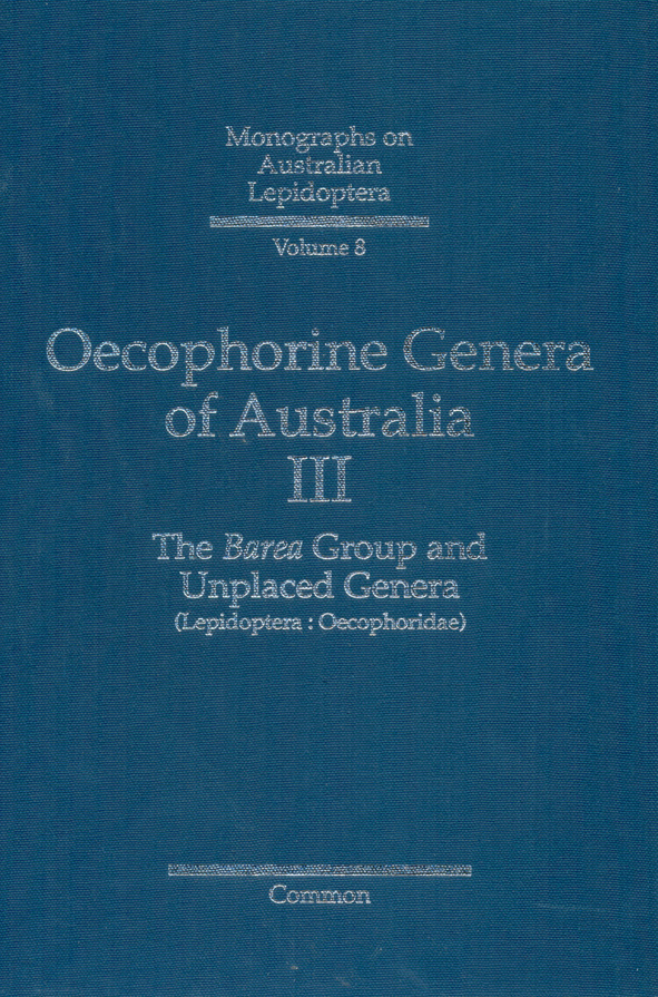 The cover image of Oecophorine Genera of Australia III, featuring a plain blue cover with white writing.