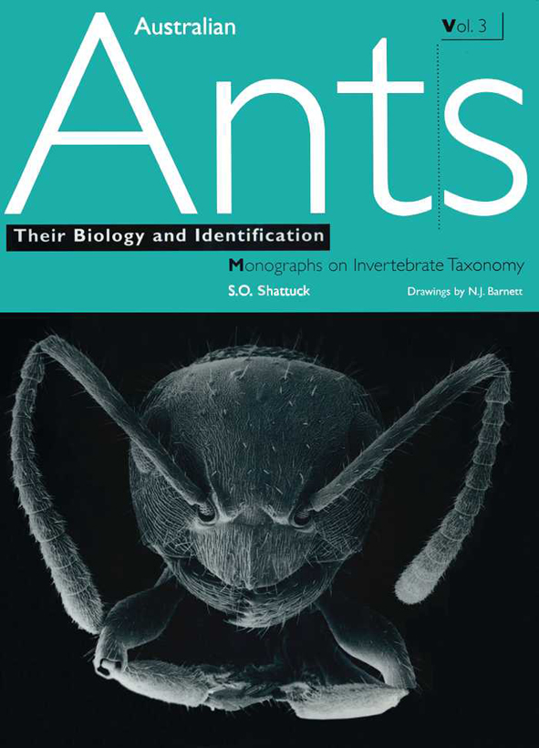 The cover image featuring a black and white microscopic view of an ants head, with a thick aquamarine plain coloured strip across the top.