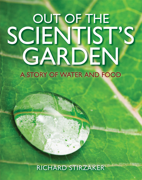 The cover image of Out of the Scientist's Garden, featuring a close up of a green leaf with a droplet of water on it.
