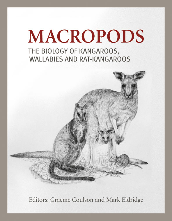 The cover image of Macropods, featuring a kangarood with a joey in its pouch and a wallaby standing next to it.