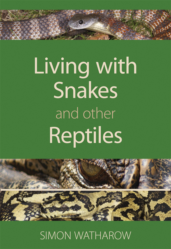 The cover image of Living with Snakes and Other Reptiles, featuring three thin strips with snakes visible set into a plain green background.