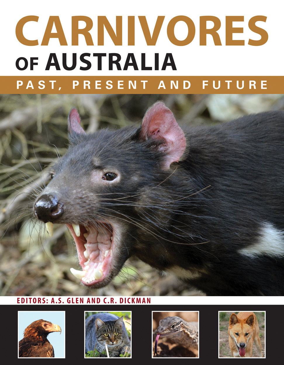 Cover of 'Carnivores of Australia', featuring photos of a Tasmanian Devil, eagle, cat, goanna and dingo.