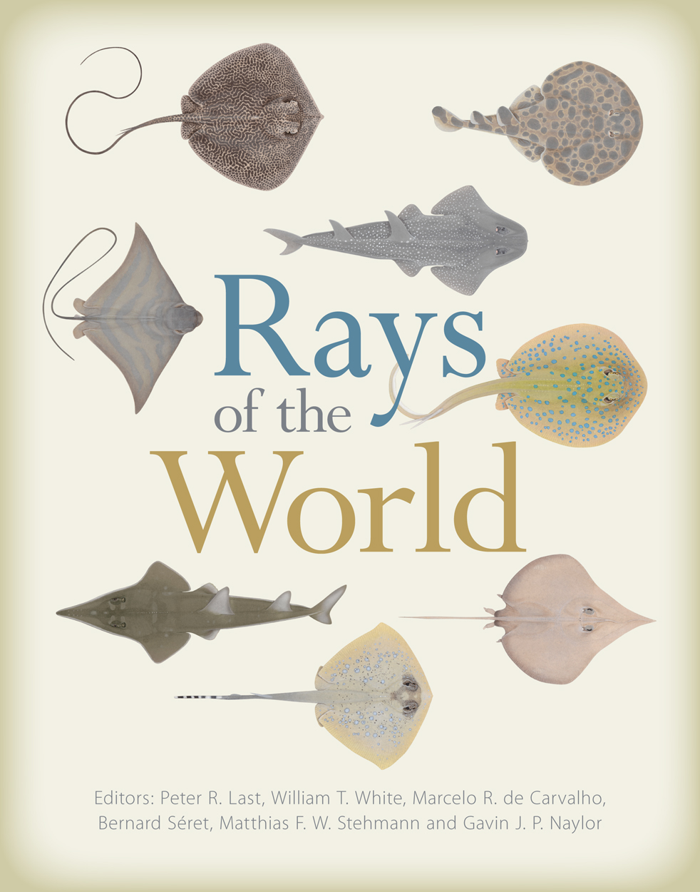 Cover of 'Rays of the World' featuring illustrations of eight different species of ray, showcasing their diversity.