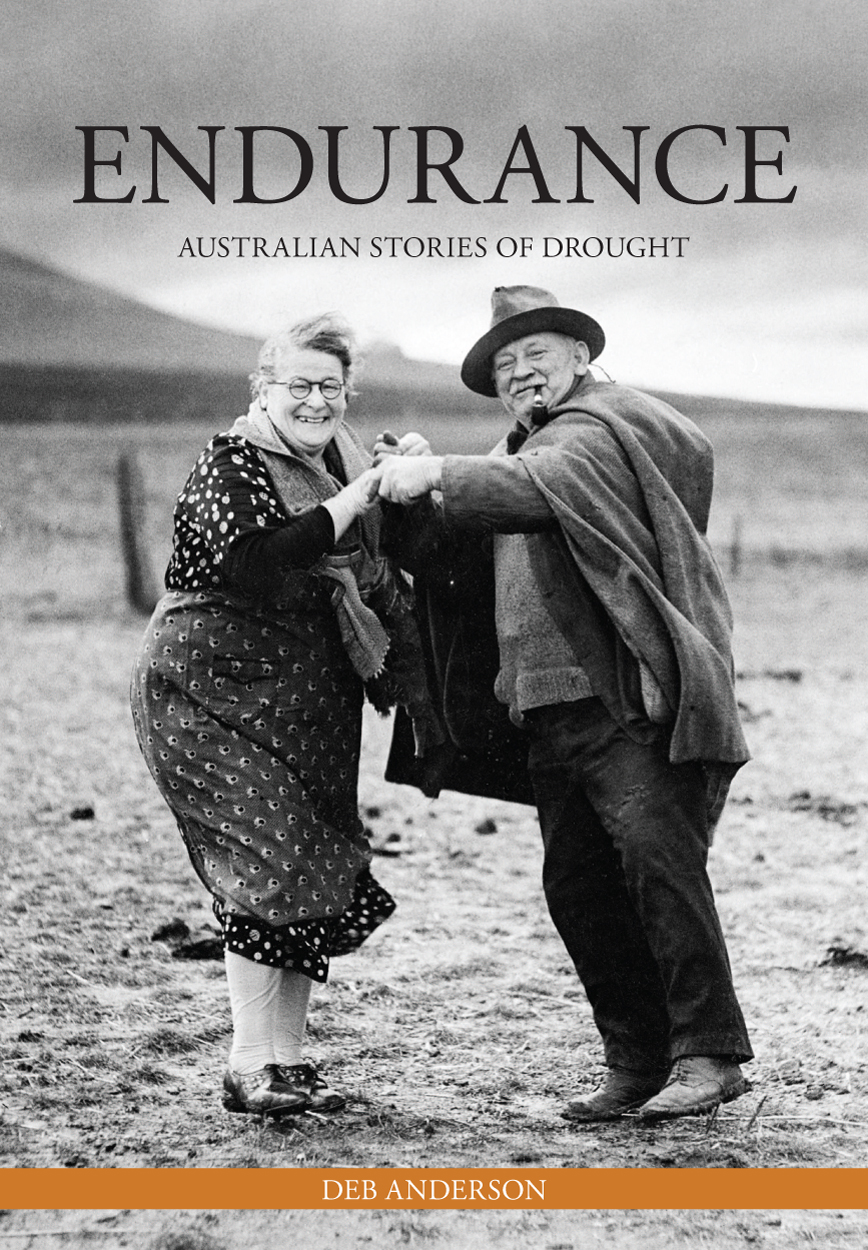 Cover of 'Endurance', featuring a black-and-white historical photo of a man and woman grinning and dancing together in a paddock, celebrating the end