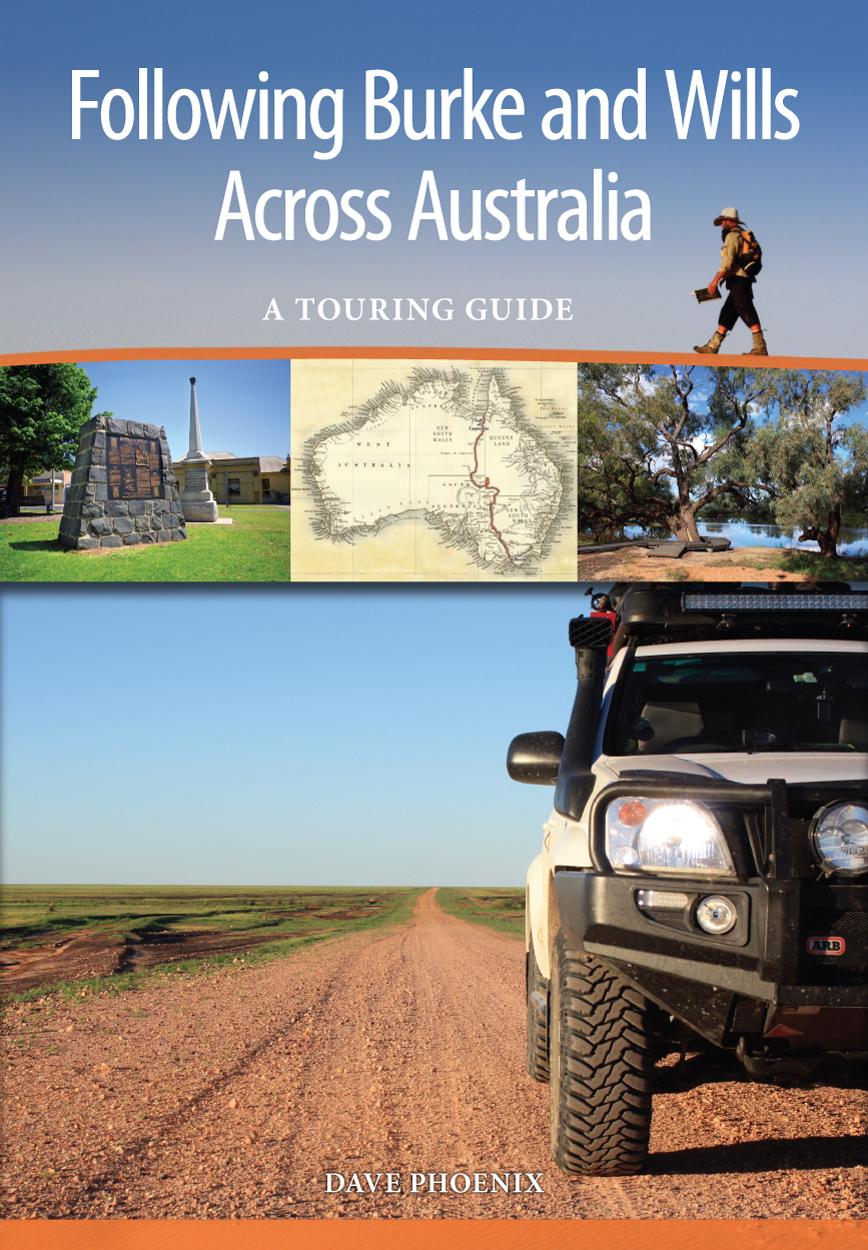 Cover of 'Following Burke and Wills Across Australia' featuring photos of a four-wheel drive on a dirt track, a person hiking across red sand, a stone