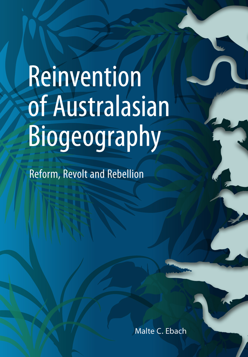 Cover of 'Reinvention of Australasian Biogeography' showing silhouettes of various Australasian animals and plants.