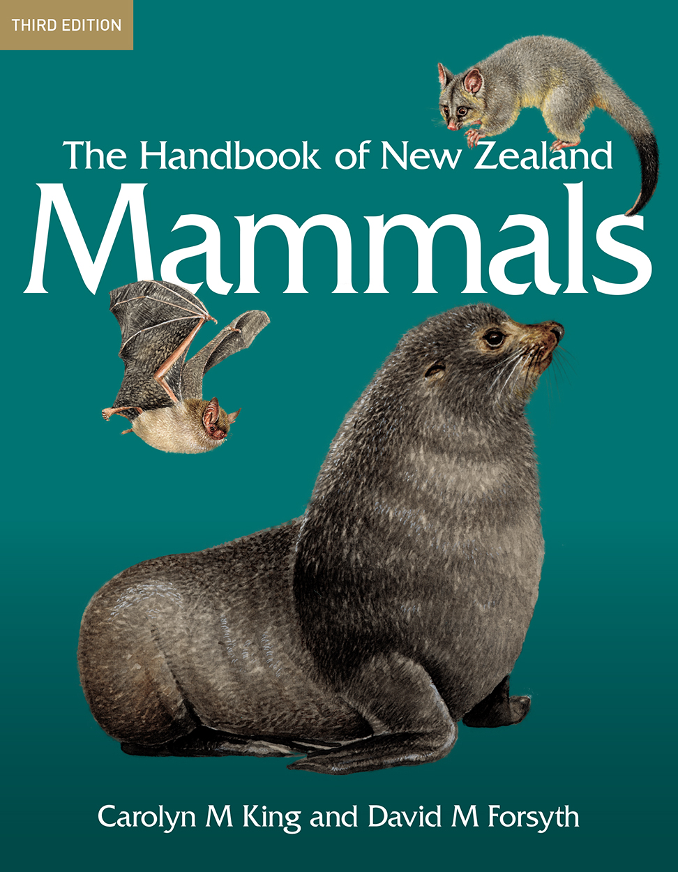 Cover image of The Handbook of New Zealand Mammals, third edition, featuring artwork of a grey possum, a short-tailed bat and a fur seal on a turquois