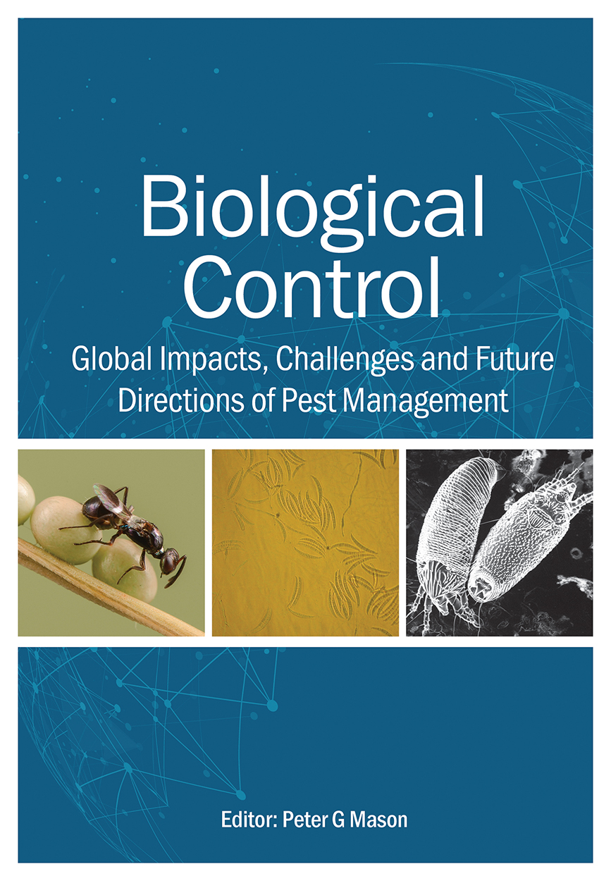 Cover of the book Biological Control, featuring a white title on a blue background, and a row of three images showing biological control agents.