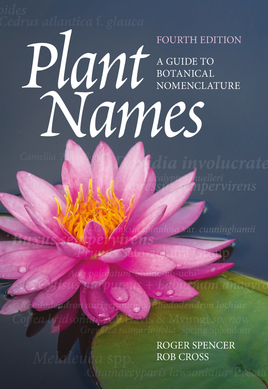 Cover of Plant Names featuring a pink waterlily flower on a grey water background