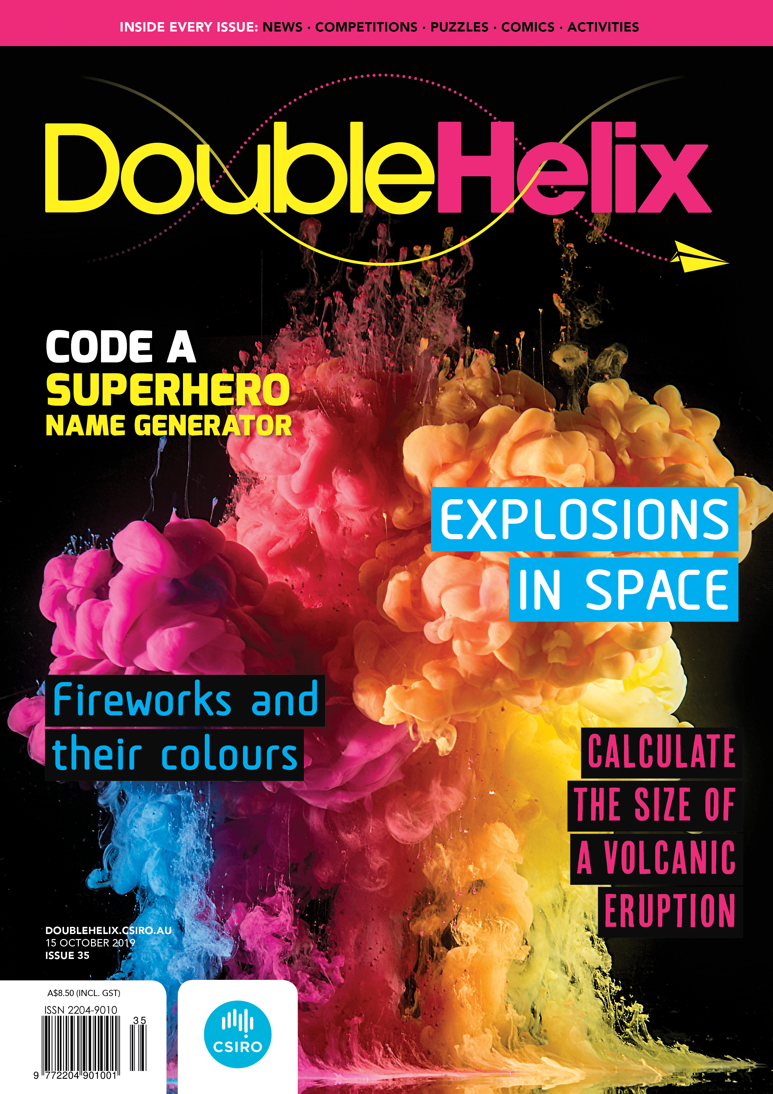 Cover of Double Helix magazine Issue 35 showing clouds of different coloured pigment on a black background.