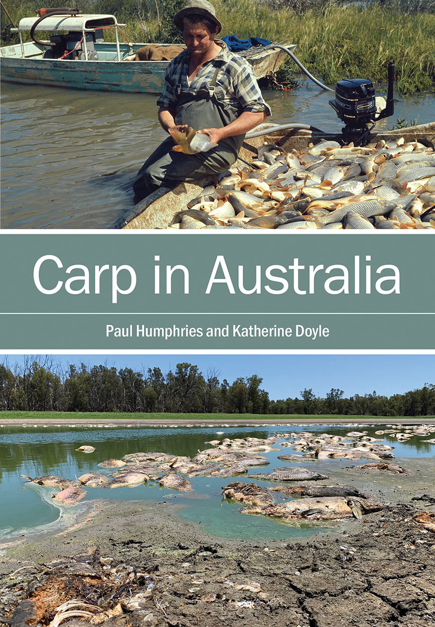 Cover of 'Carp in Australia', featuring photos of a fisherman with a boat full of carp, and a dry river bed with many dead carp.