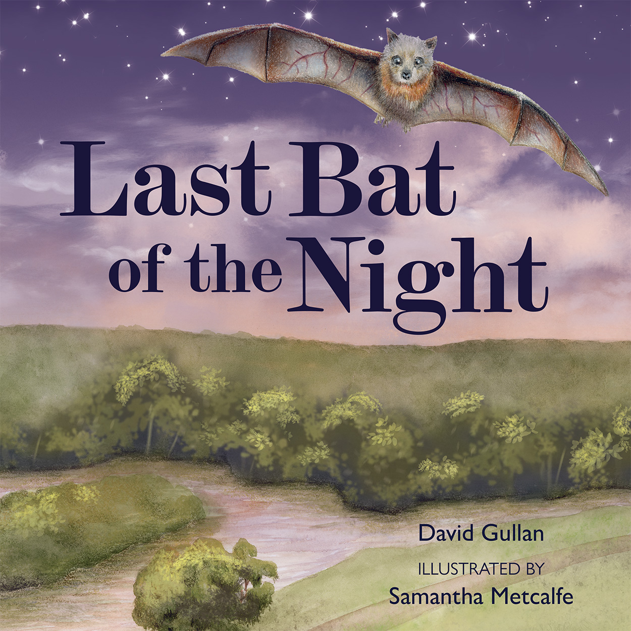 Cover of 'Last Bat of the Night', featuring an illustration of a bat flying through a twilight sky over parklands.