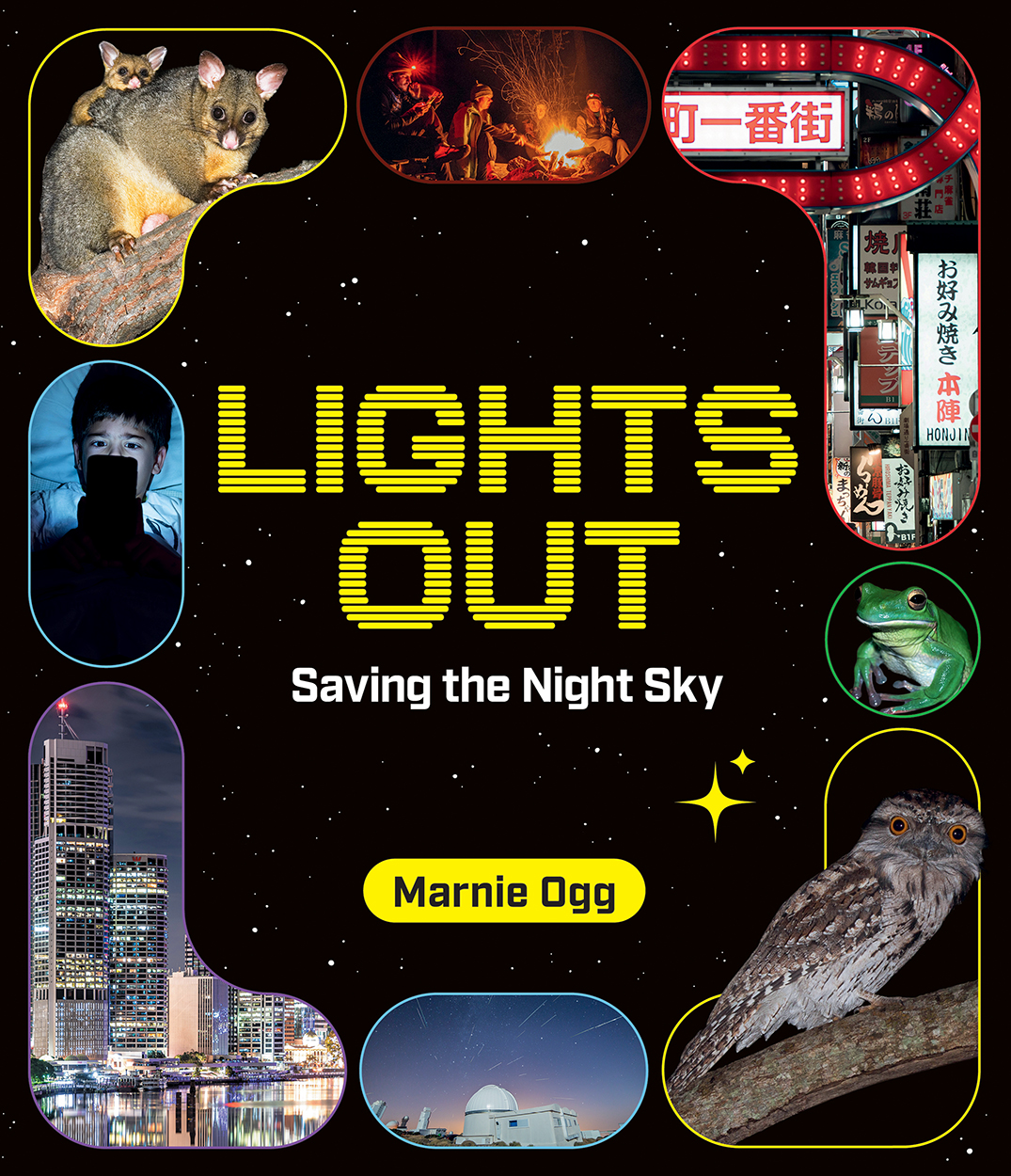 Cover of 'Lights Out', with photos of nocturnal mammals, cities with illuminated buildings and business signage, a child in bed watching a handheld sc