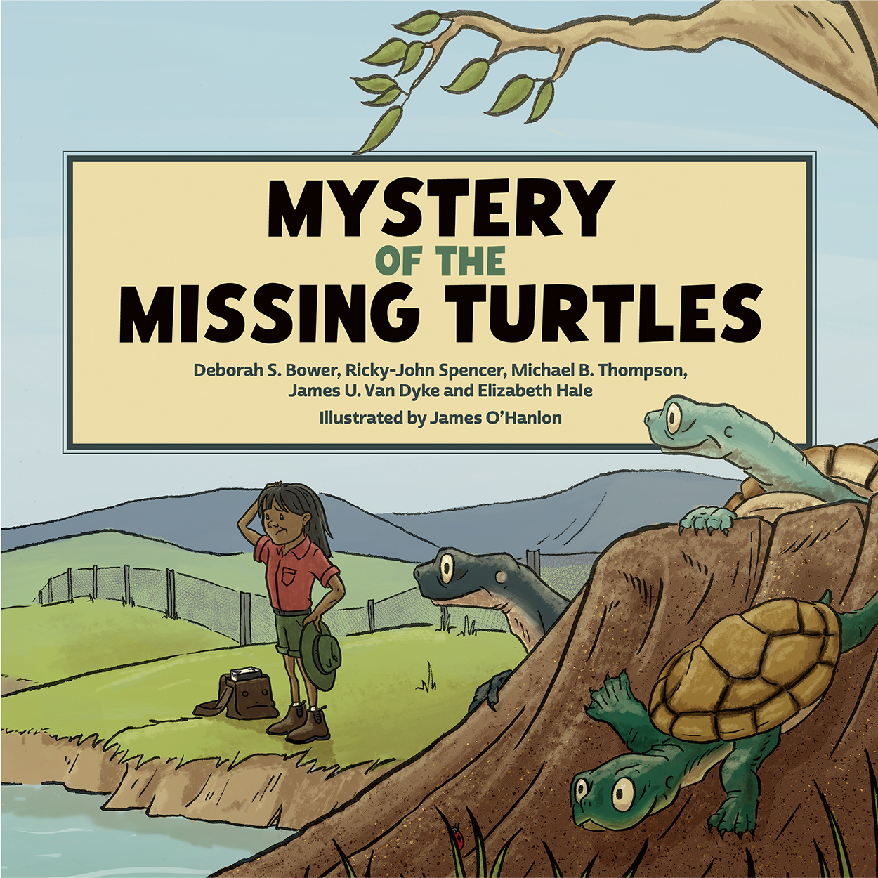 Cover of 'Mystery of the Missing Turtles', with an illustration of a young girl looking at a creek and scratching her head, whilst three turtles clamb