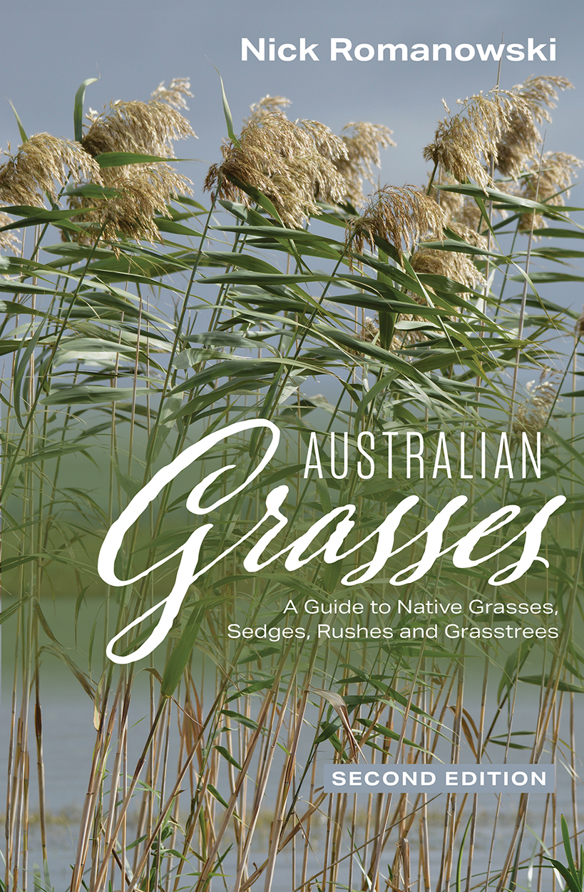Cover of 'Australian Grasses' Second Edition, featuring a tall native grass blowing in the wind.