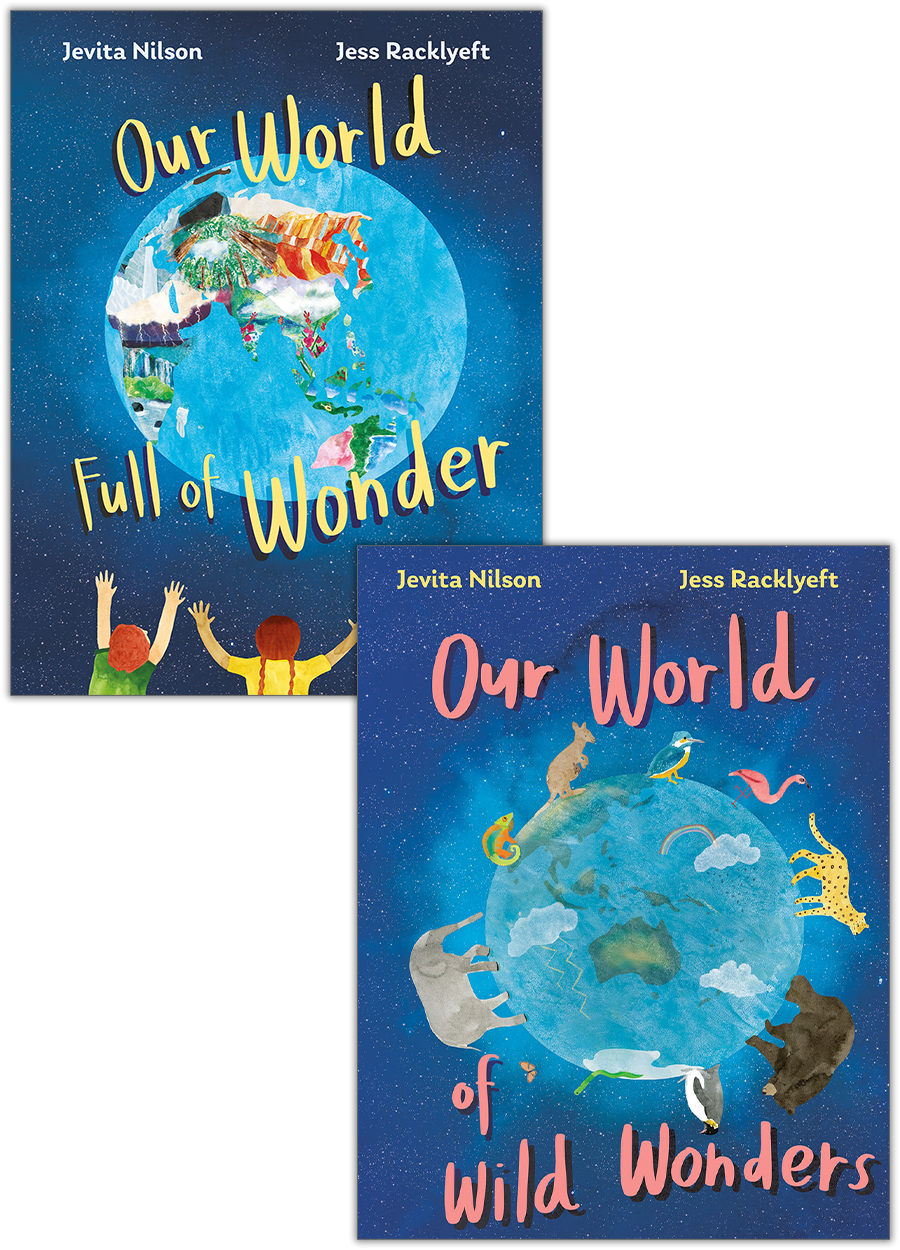 Covers of 'Our World Full of Wonder' and 'Our World of Wild Wonders', each with an illustration of the Earth in space, one with children reaching out