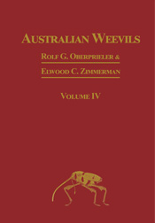 Cover of Australian Weevils Volume IV, featuring the text and an illustration of a weevil in gold on a maroon background. Cover of Australian Weevils Volume IV, featuring the text and an illustration of a weevil in gold on a maroon background.