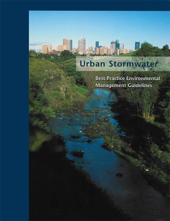 The cover image of Urban Stormwater, featuring a storm water creek and embankment, with a city skyline in the background, with blue skies. The cover image of Urban Stormwater, featuring a storm water creek and embankment, with a city skyline in the background, with blue skies.