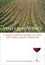 The cover image of Vines for Wines, featuring rows of green grape vines, with a plain white bottom half with a wine glass with red wine. The cover image of Vines for Wines, featuring rows of green grape vines, with a plain white bottom half with a wine glass with red wine.