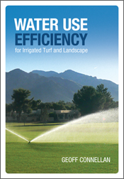 The cover image of Water Use Efficiency for Irrigated Turf and Landscape, featuring cropped green grass being watered by a sprinkling system, with tre The cover image of Water Use Efficiency for Irrigated Turf and Landscape, featuring cropped green grass being watered by a sprinkling system, with tre
