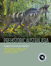 Cover of 'Prehistoric Australasia', featuring a painting of two predatory theropods running through rainforest. Cover of 'Prehistoric Australasia', featuring a painting of two predatory theropods running through rainforest.