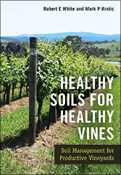Cover of Healthy Soils for Healthy Vines showing a row of grapevines with mulch below the plants Cover of Healthy Soils for Healthy Vines showing a row of grapevines with mulch below the plants