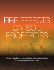 Cover of Fire Effects on Soil Properties featuring a gradient of fire colours over images of burnt trees and soil Cover of Fire Effects on Soil Properties featuring a gradient of fire colours over images of burnt trees and soil