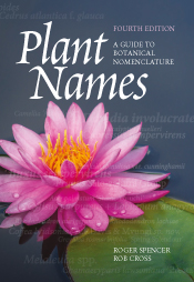 Cover of Plant Names featuring a pink waterlily flower on a grey water background Cover of Plant Names featuring a pink waterlily flower on a grey water background
