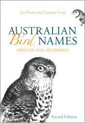 Cover of Australian Bird Names 2nd Edn featuring a line illustration of a powerful owl peering out from the cover with one eye Cover of Australian Bird Names 2nd Edn featuring a line illustration of a powerful owl peering out from the cover with one eye