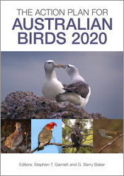 Cover of 'The Action Plan for Australian Birds', featuring a large image of two shy albatrosses and thumbnails images of a plains-wanderer, a gang-gan Cover of 'The Action Plan for Australian Birds', featuring a large image of two shy albatrosses and thumbnails images of a plains-wanderer, a gang-gan