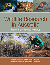Cover of 'Wildlife Research in Australia', featuring a photo of a woman checking an animal trap in bushland, as well as images of a frog in gloved han Cover of 'Wildlife Research in Australia', featuring a photo of a woman checking an animal trap in bushland, as well as images of a frog in gloved han